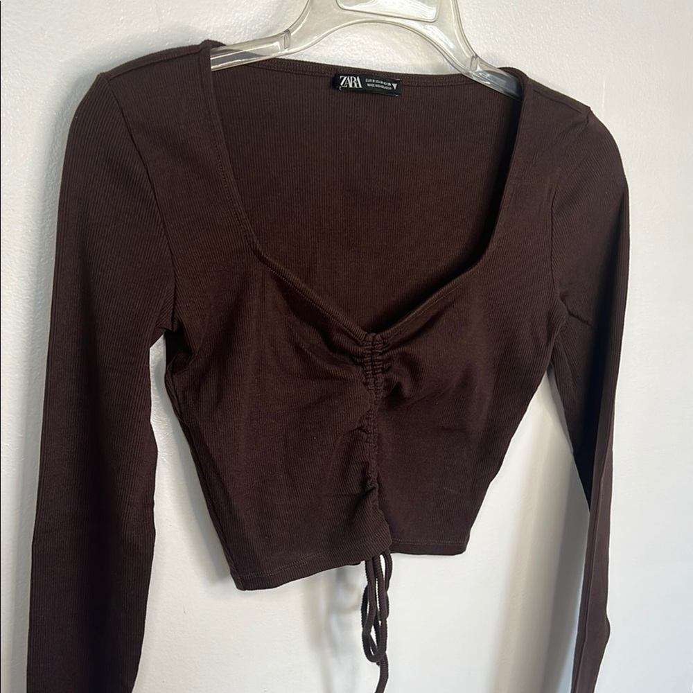 Zara Long Sleeve Crop Top with Sweetheart Neckline, Size M